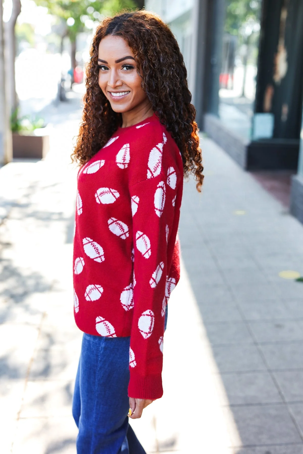 Gisela | Red football print jacquard knit sweater for game day - Image 12