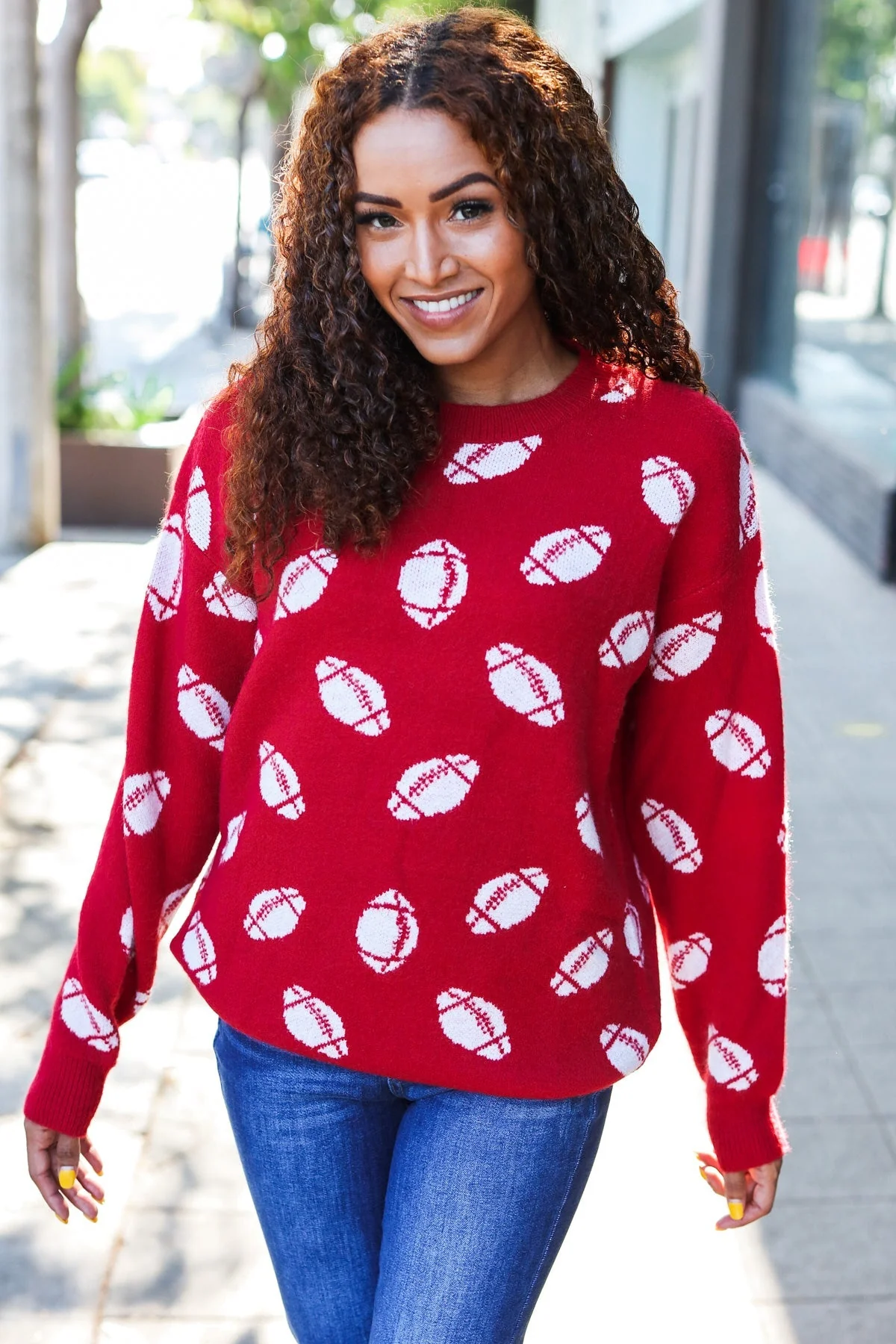 Gisela | Red football print jacquard knit sweater for game day - Image 14