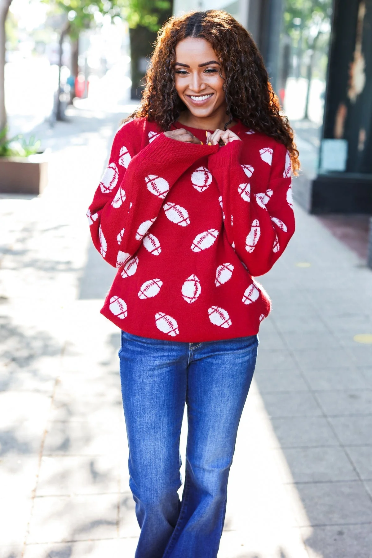 Gisela | Red football print jacquard knit sweater for game day - Image 16
