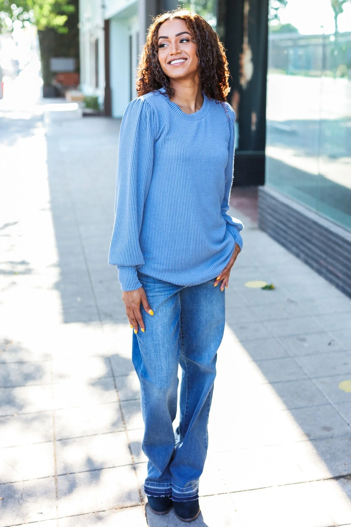 Greta | Everyday Vintage Denim Rib Mineral Wash Long Sleeve Top - Image 5