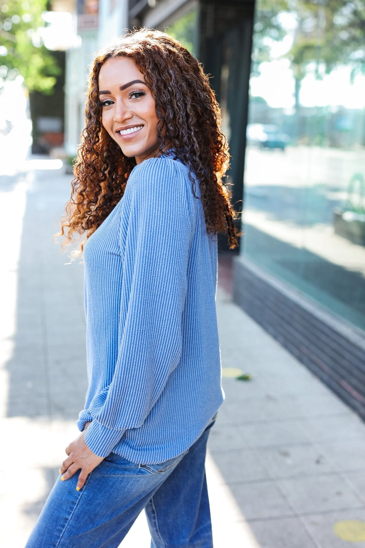 Greta | Everyday Vintage Denim Rib Mineral Wash Long Sleeve Top - Image 8