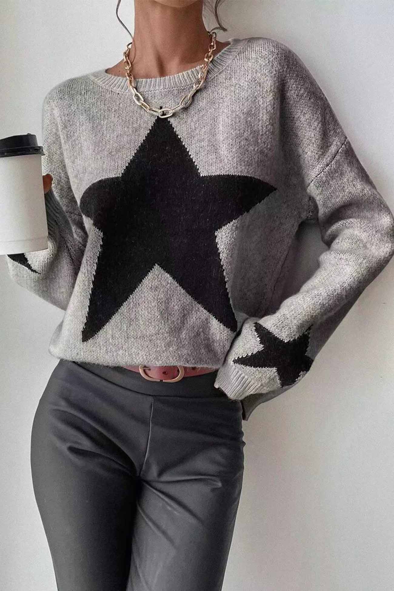 Greta | Long-sleeved knitted jumper with a crew neck and a star pattern - Image 8