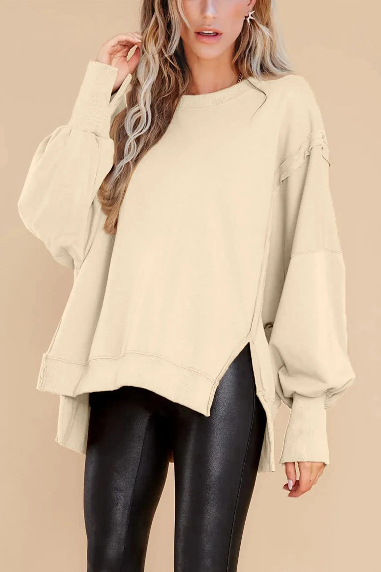 Greta | Solid long sleeve slit crew neck sweatshirt - Image 10