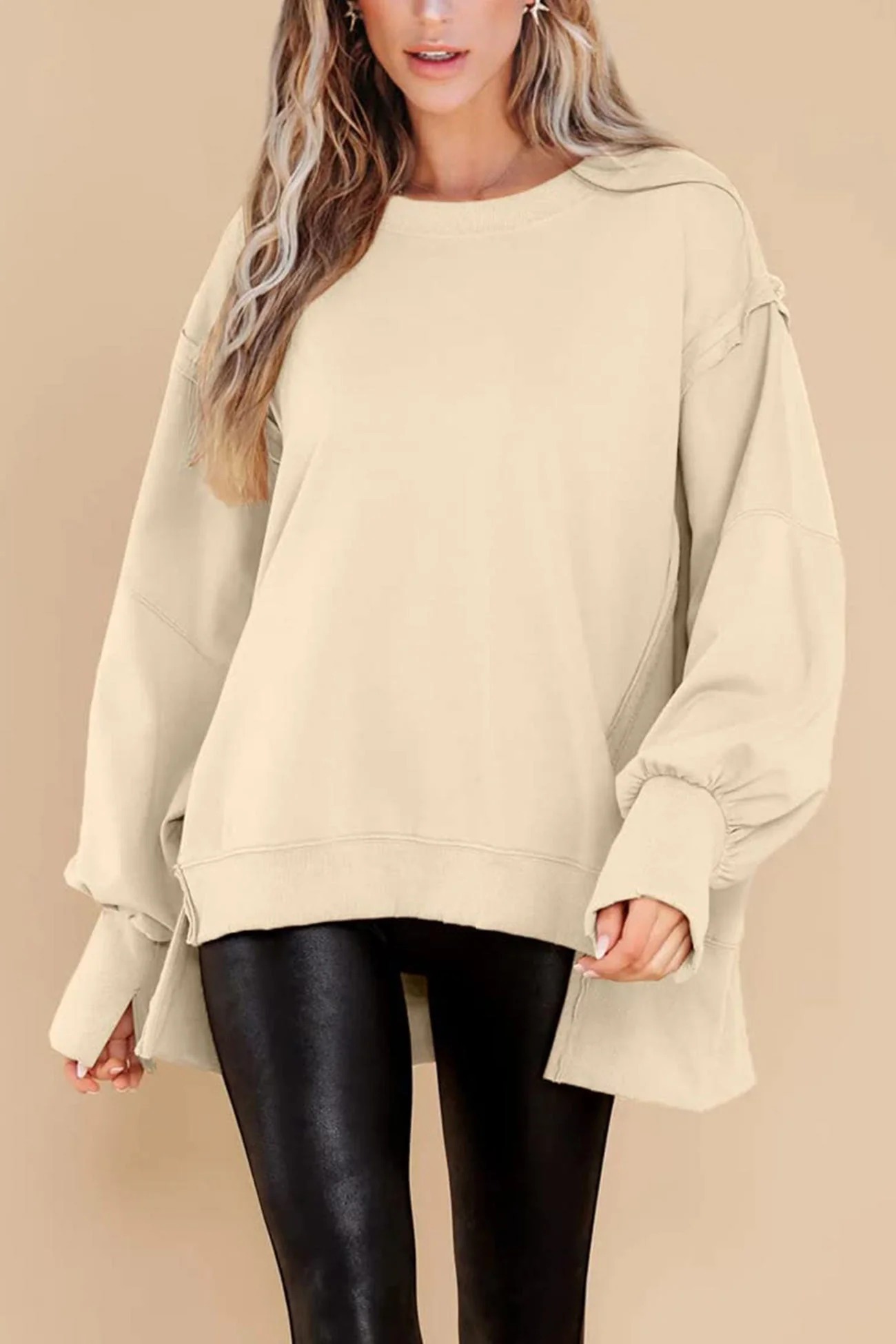 Greta | Solid long sleeve slit crew neck sweatshirt - Image 11