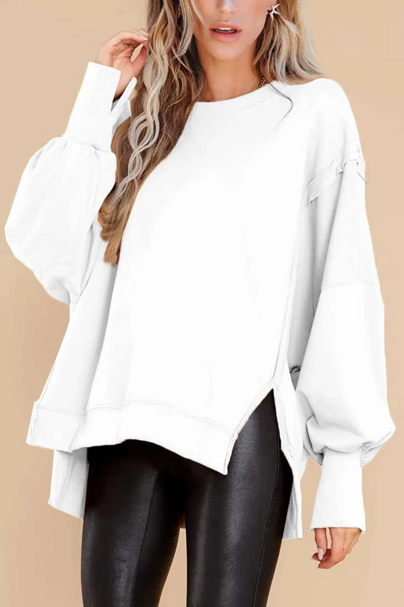 Greta | Solid long sleeve slit crew neck sweatshirt - Image 12
