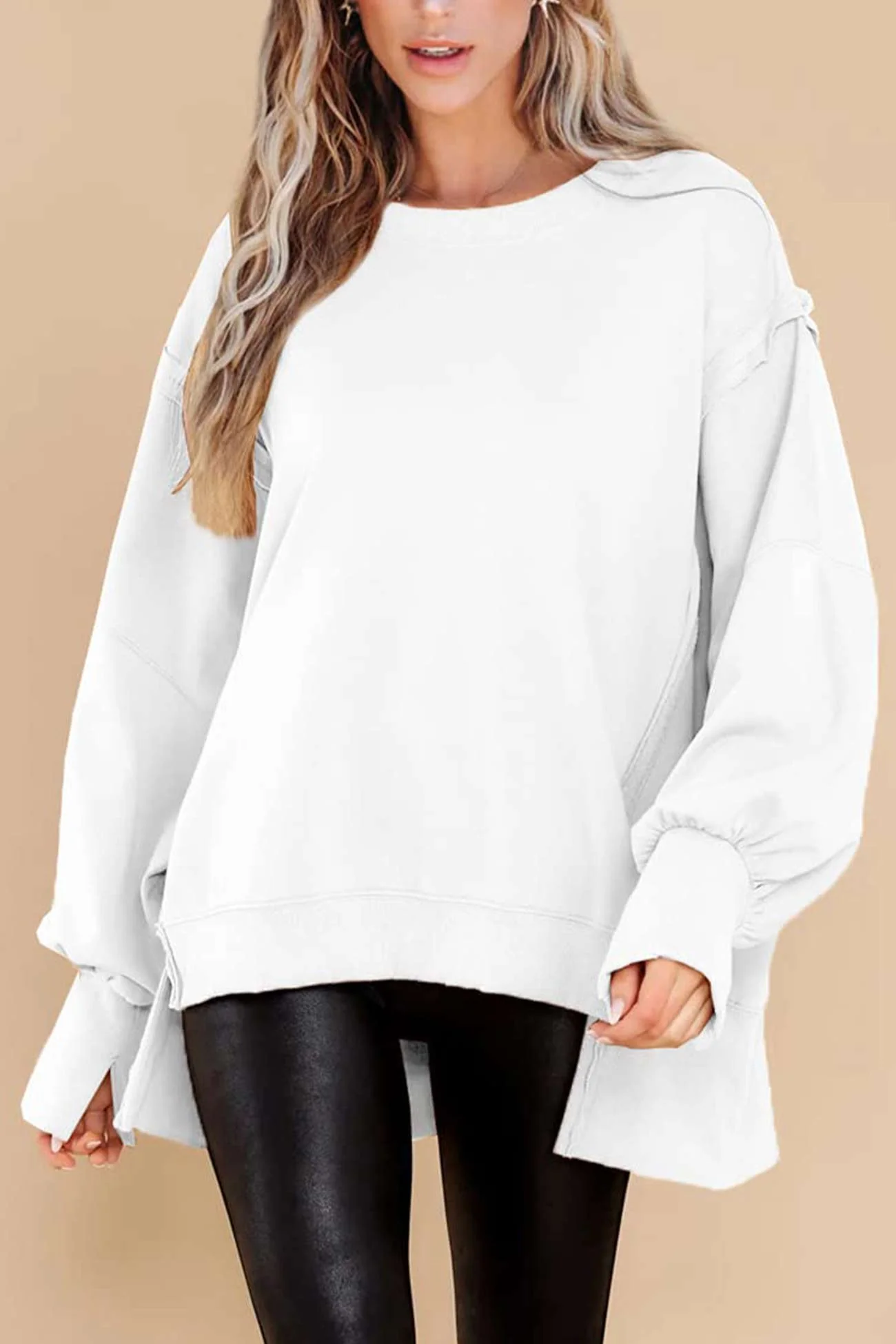 Greta | Solid long sleeve slit crew neck sweatshirt - Image 13