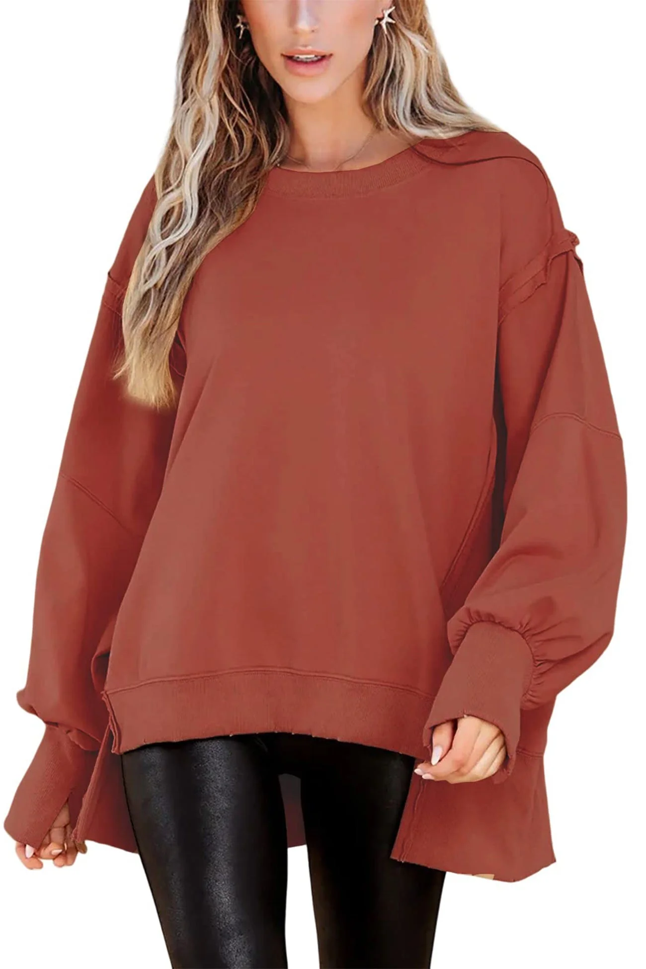 Greta | Solid long sleeve slit crew neck sweatshirt - Image 6