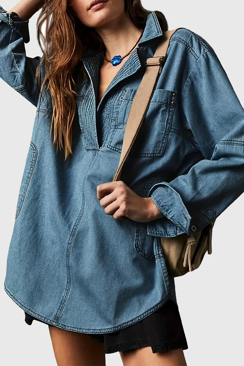 Gwen | Casual Street Distressed Pocket Turndown Collar Long Sleeve Loose Fit Denim Jacket