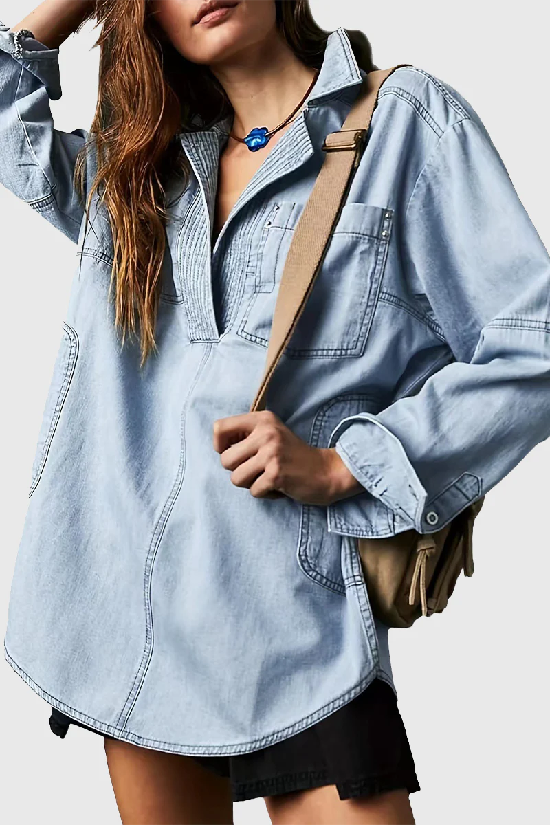 Gwen | Casual Street Distressed Pocket Turndown Collar Long Sleeve Loose Fit Denim Jacket - Image 3
