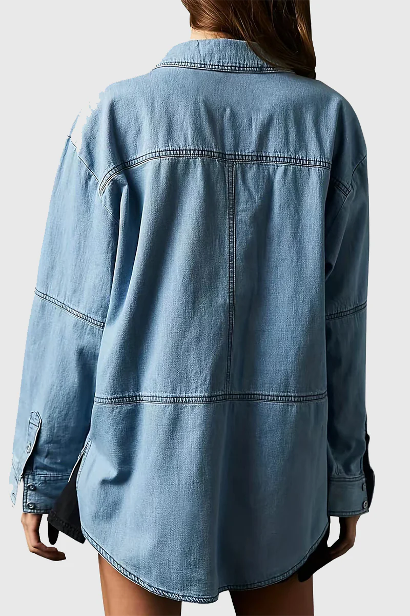 Gwen | Casual Street Distressed Pocket Turndown Collar Long Sleeve Loose Fit Denim Jacket - Image 6