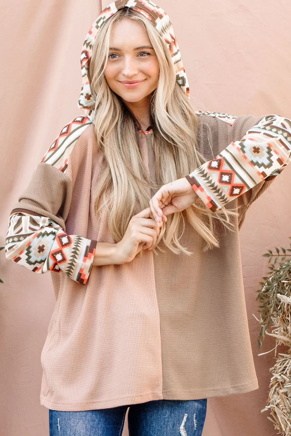 Hanna | And the “Why” printed hooded waffle top with color block design