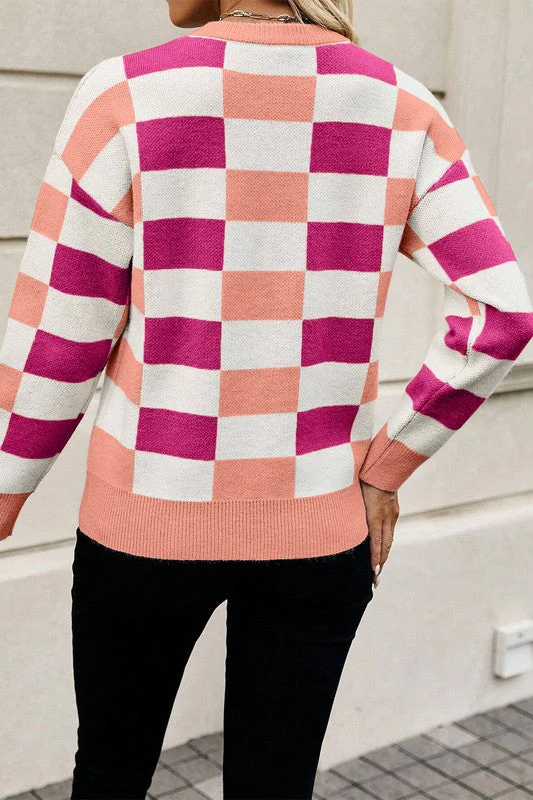 Hanna | Checked, ribbed edge sweater with an O-neck and dropped shoulder - Image 10