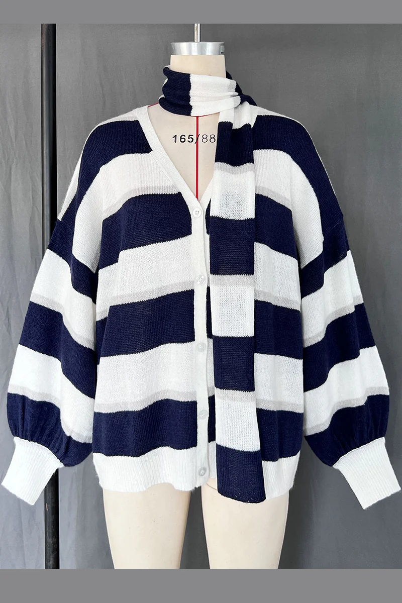 Heleen | Casual cardigans with stripes and buttons and contrast V-neck - Image 6