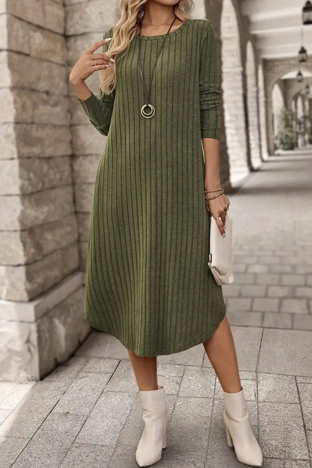 Helena | Long sleeve dress with a ribbed, curved hem and crew neck - Image 3