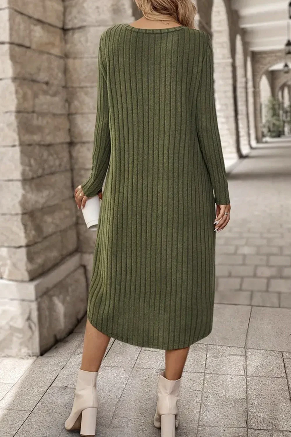 Helena | Long sleeve dress with a ribbed, curved hem and crew neck - Image 5