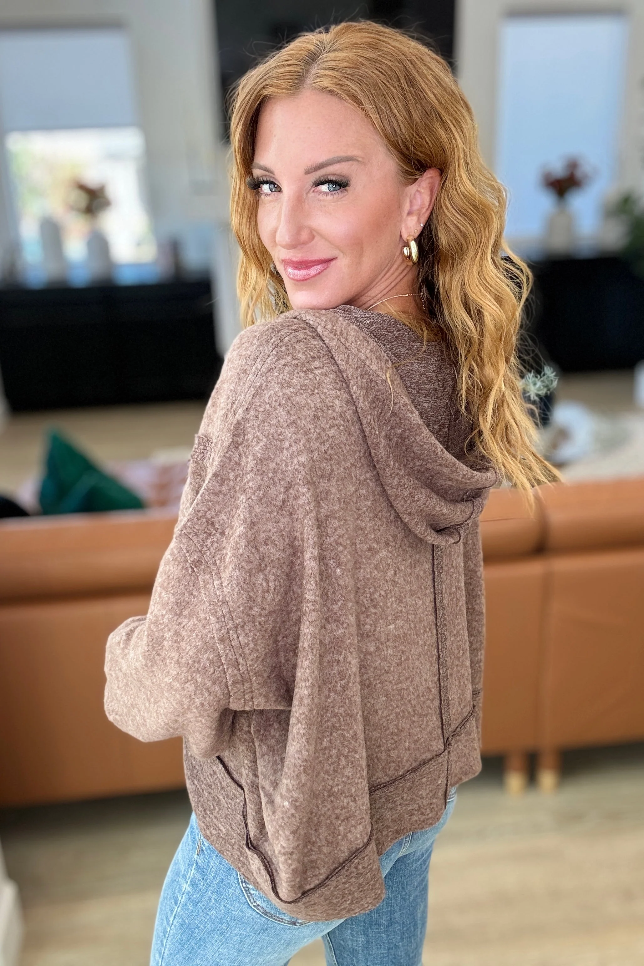 Helene | Leave It To Chance hooded scoop neck sweater in brown - Image 4