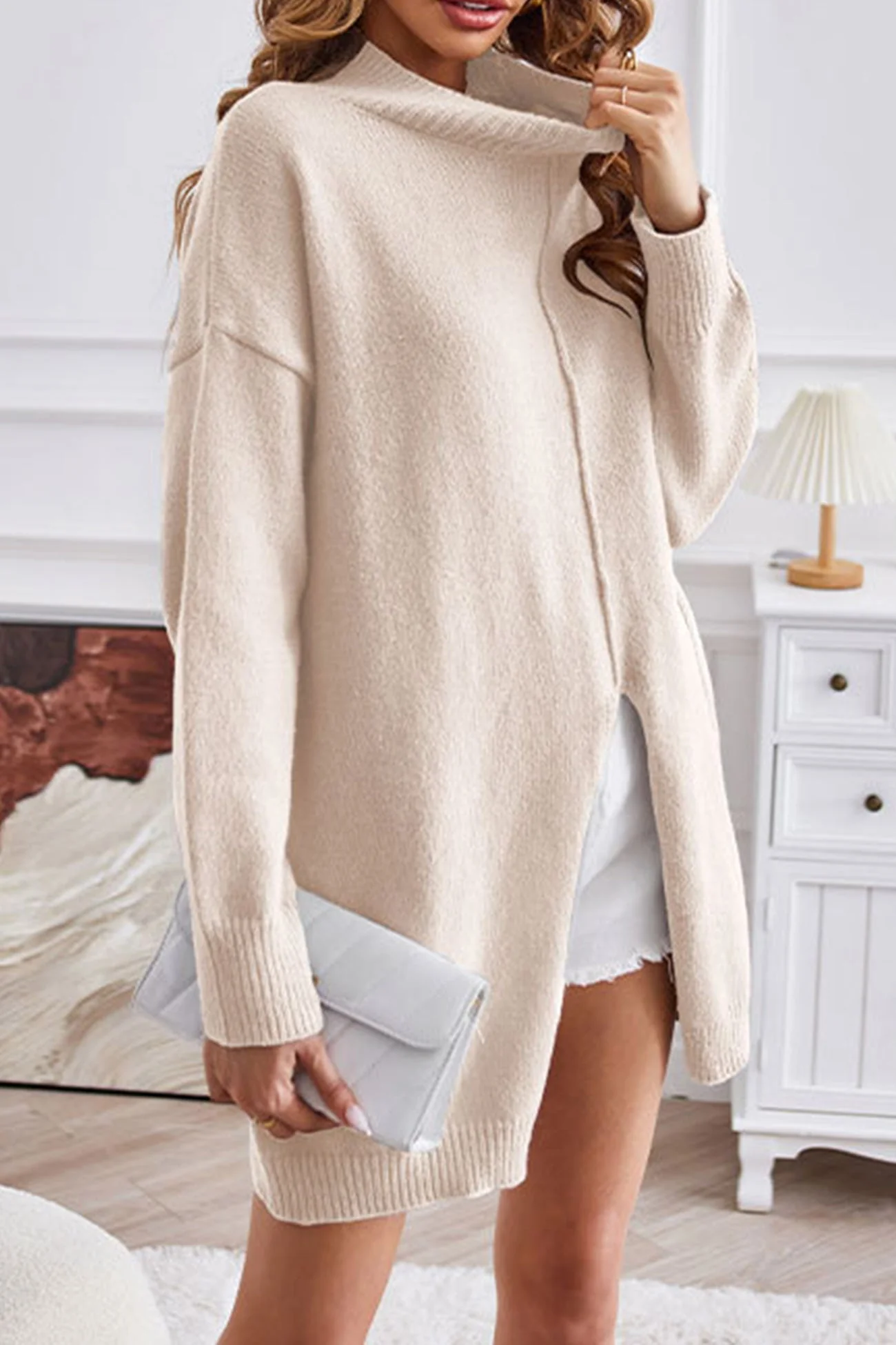 Helga | Turtleneck sweater, front slit, mid-length sweater - Image 4
