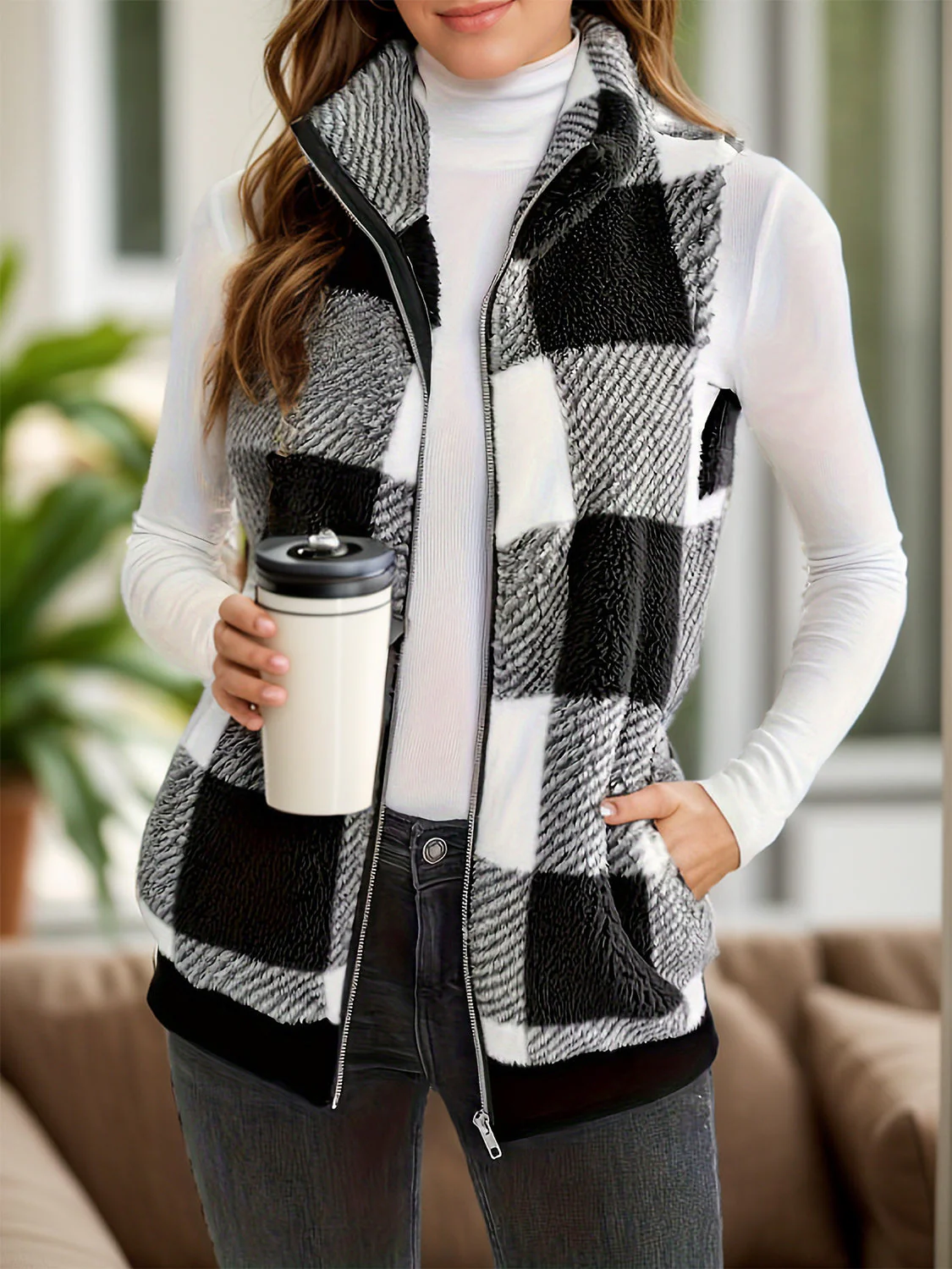 Hermione | Checked vest coat with pockets and zip - Image 3