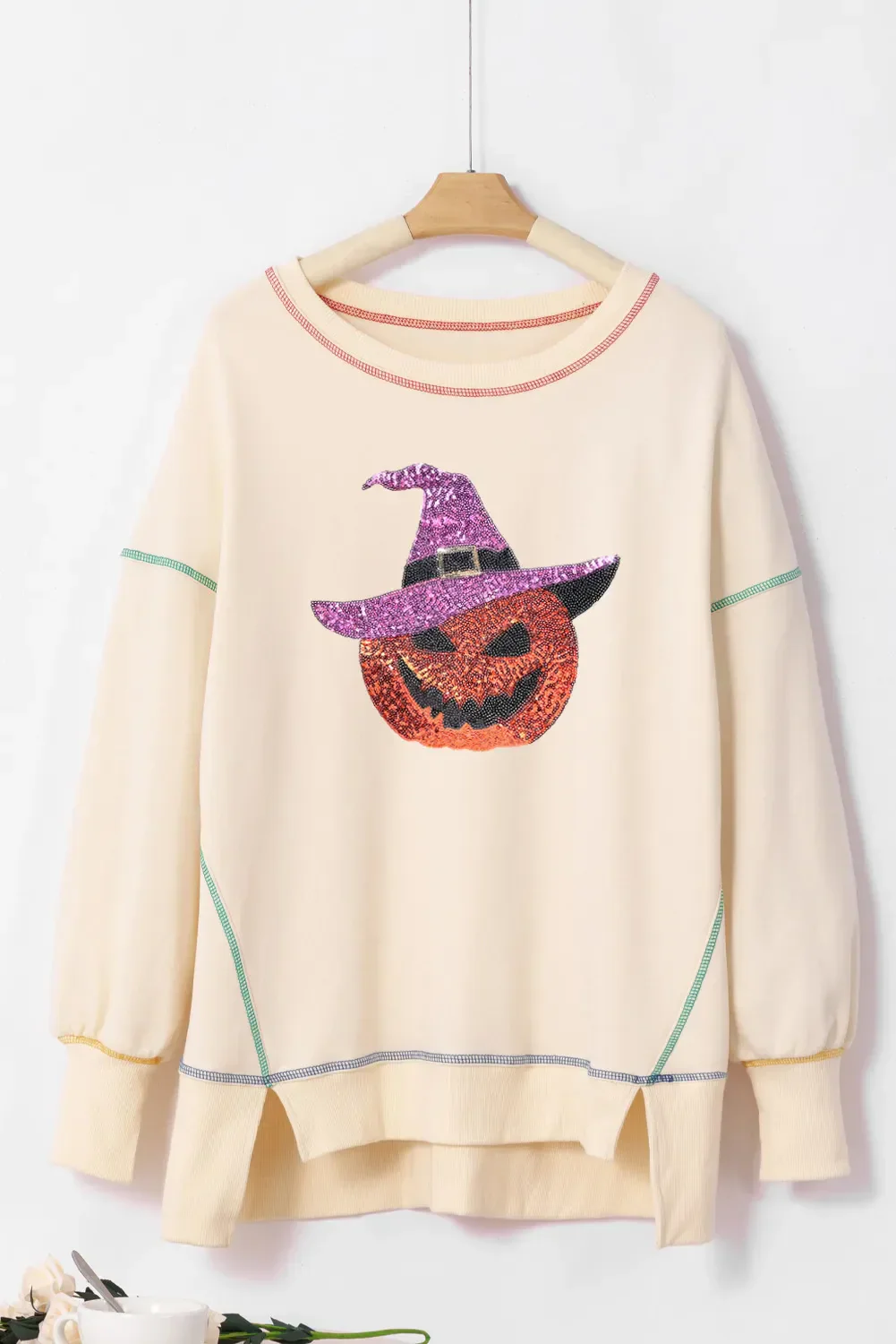 Hilda | Pumpkin crew neck long sleeve sweatshirt with sequins and contrast stitching - Image 3