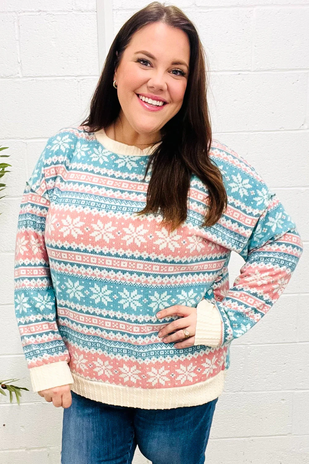 Hilda | Snow white Hacci cable knit sweater with Nordic Fair Isle print - Image 4