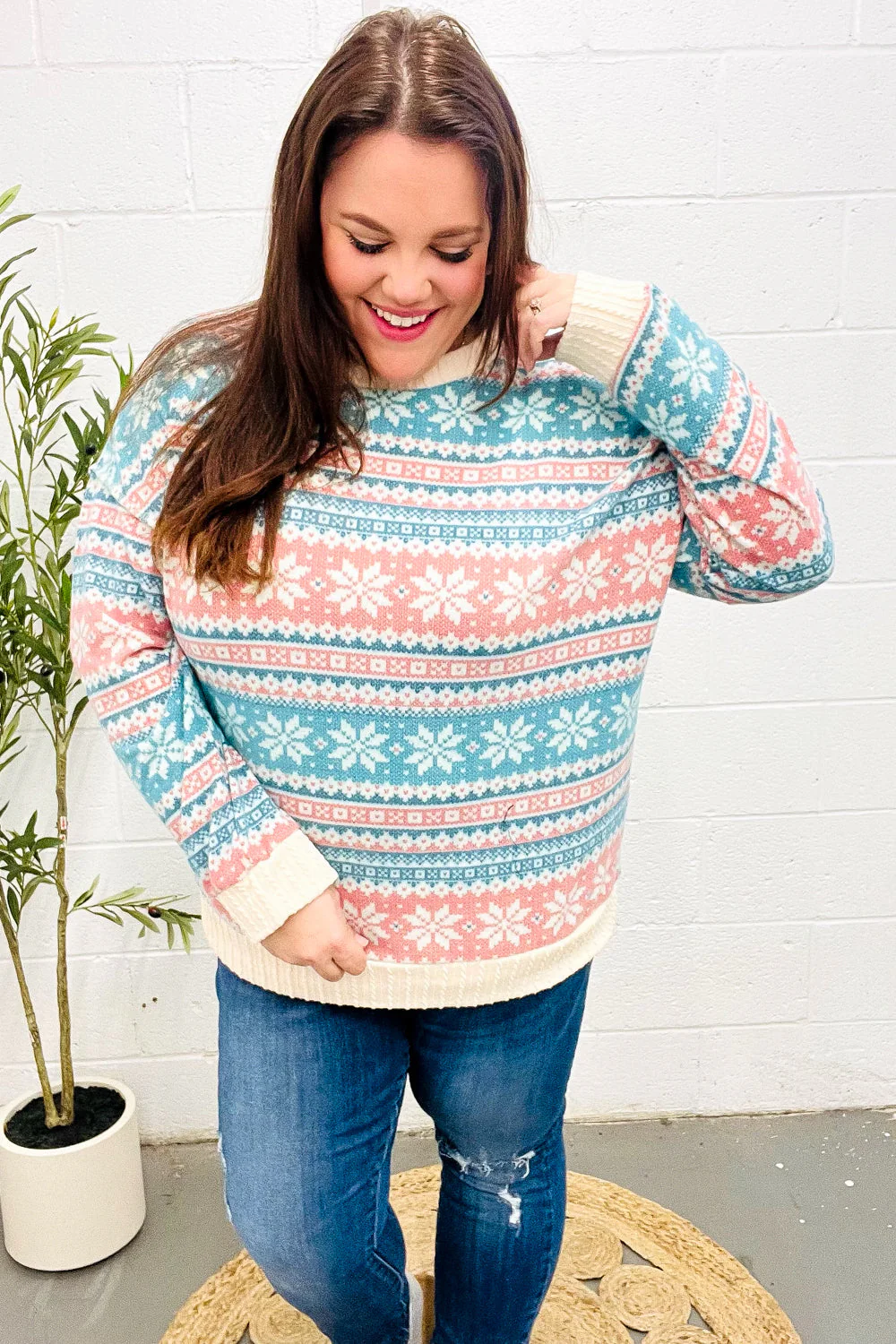 Hilda | Snow white Hacci cable knit sweater with Nordic Fair Isle print - Image 7