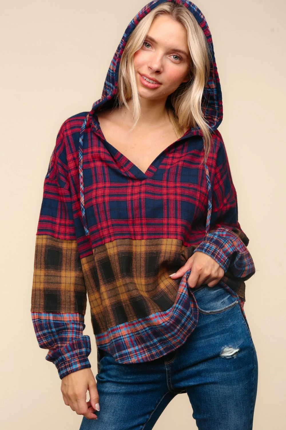 Hildegard | Haptics hooded top with checked trim and cut detail - Image 4