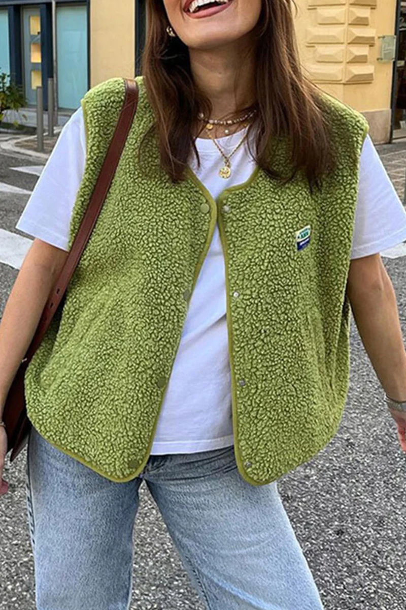 Holly | Casual street pocket buttons, fluffy O-neck vests - Image 10