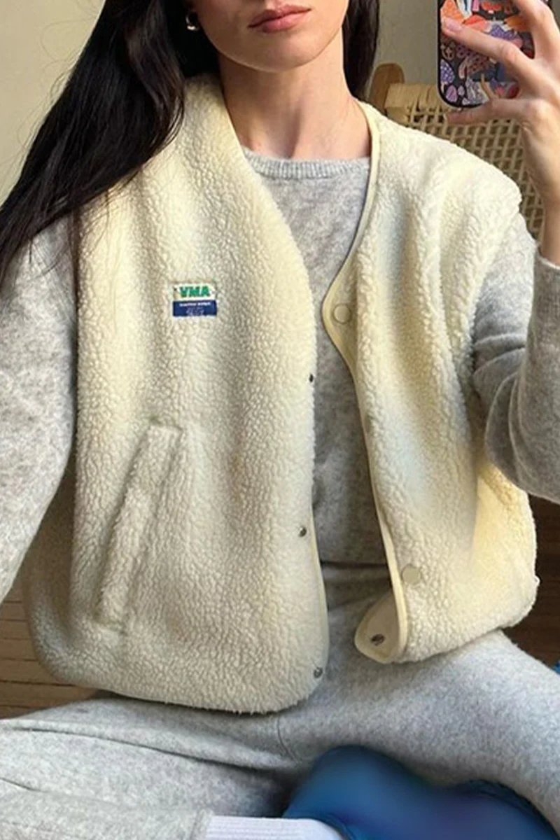 Holly | Casual street pocket buttons, fluffy O-neck vests - Image 6