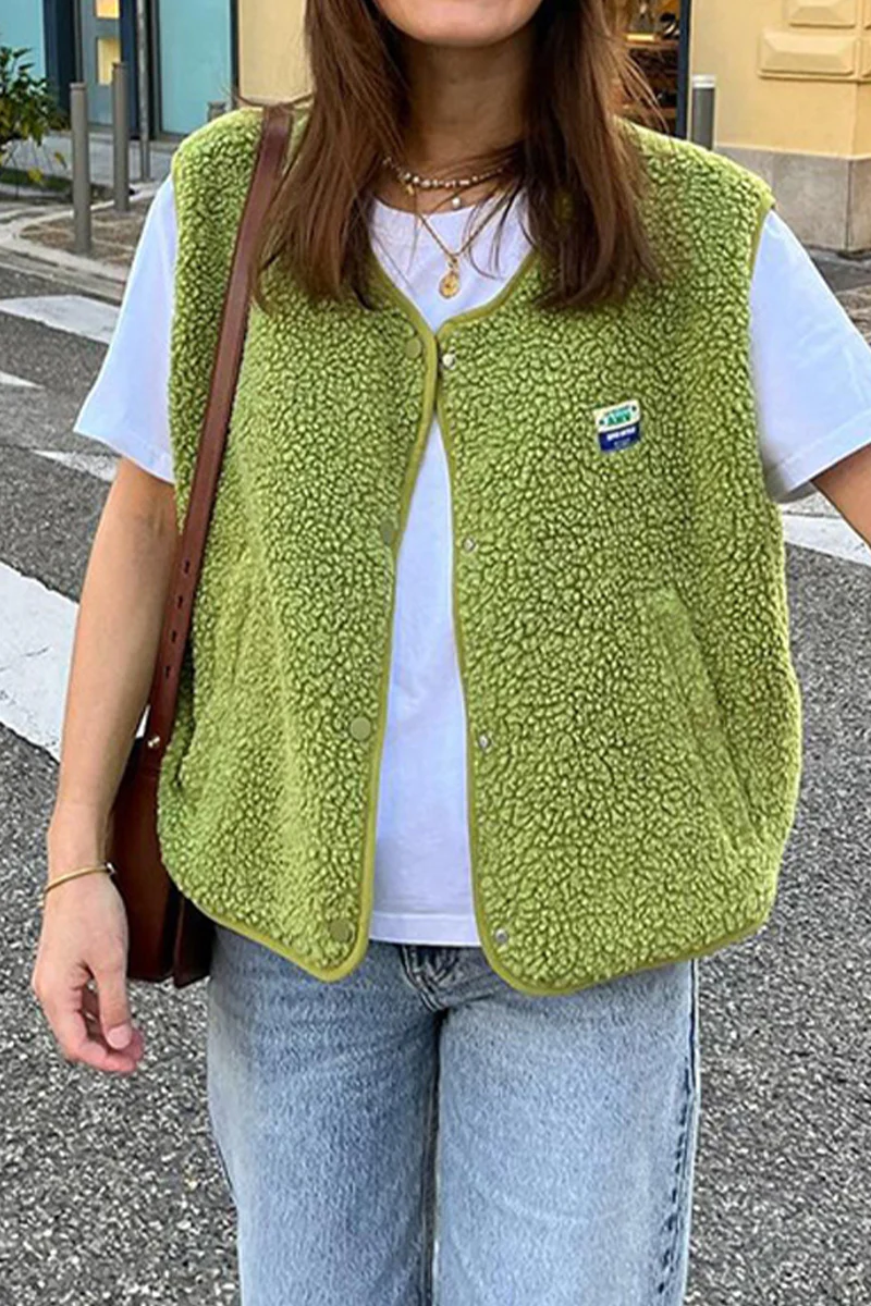 Holly | Casual street pocket buttons, fluffy O-neck vests - Image 7