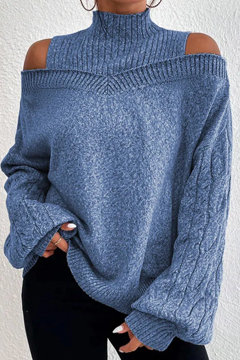Hortensia | Casual solid hollow out patchwork turtleneck sweaters - Image 3