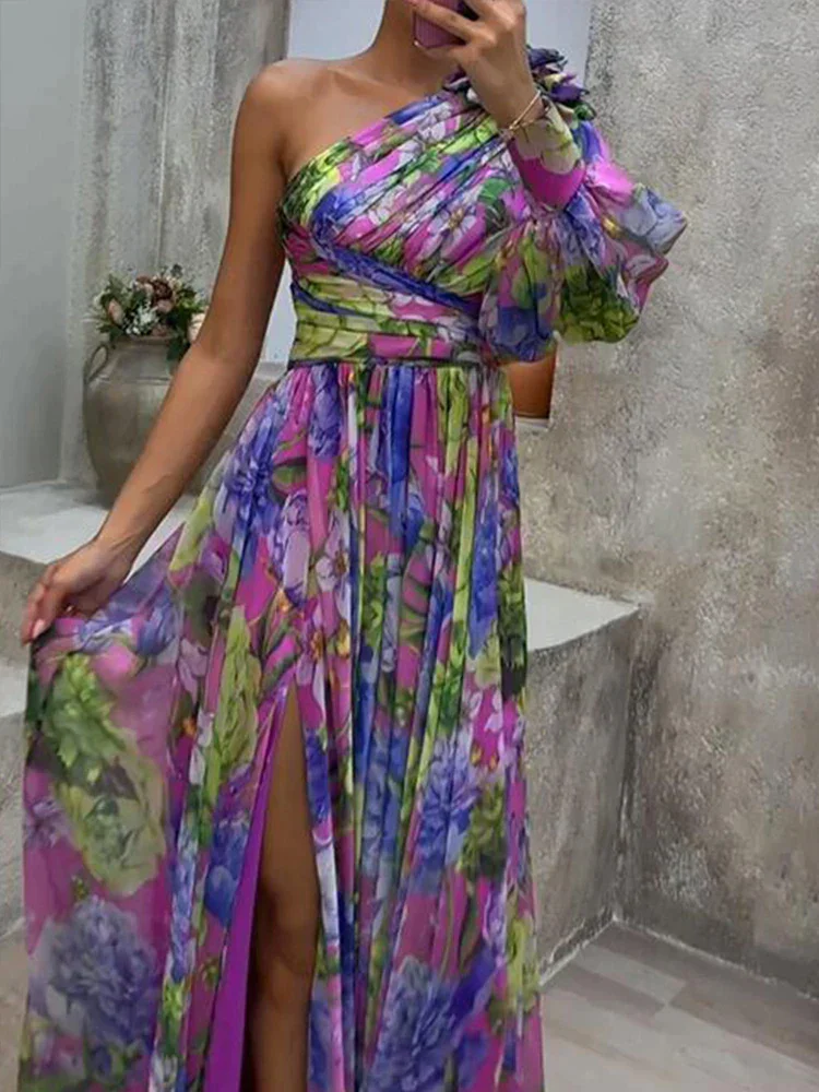 Ida® | Sexy Long Dress With Side Slit And Purple Print
