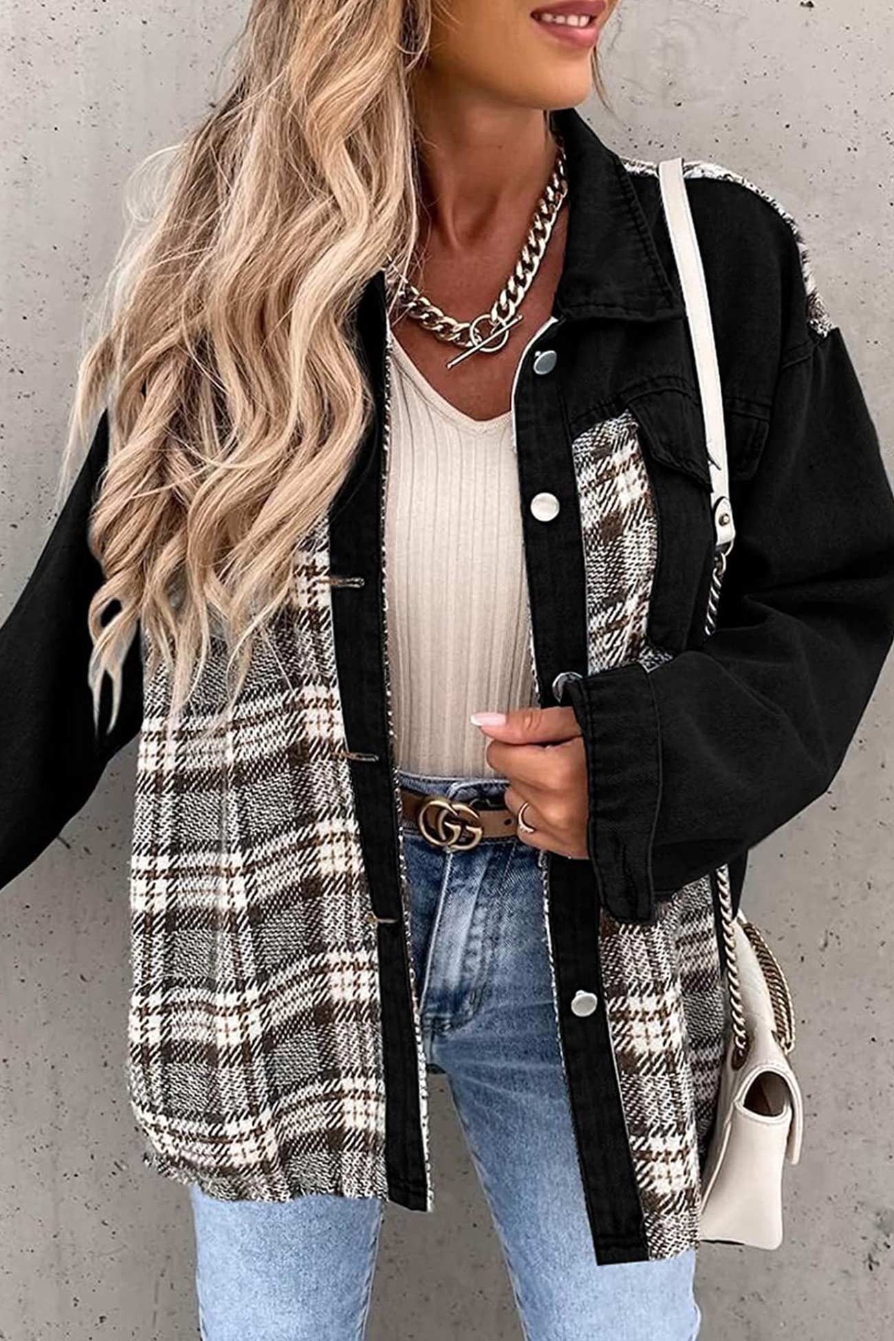 Ilona | Checked patchwork denim jacket - Image 4