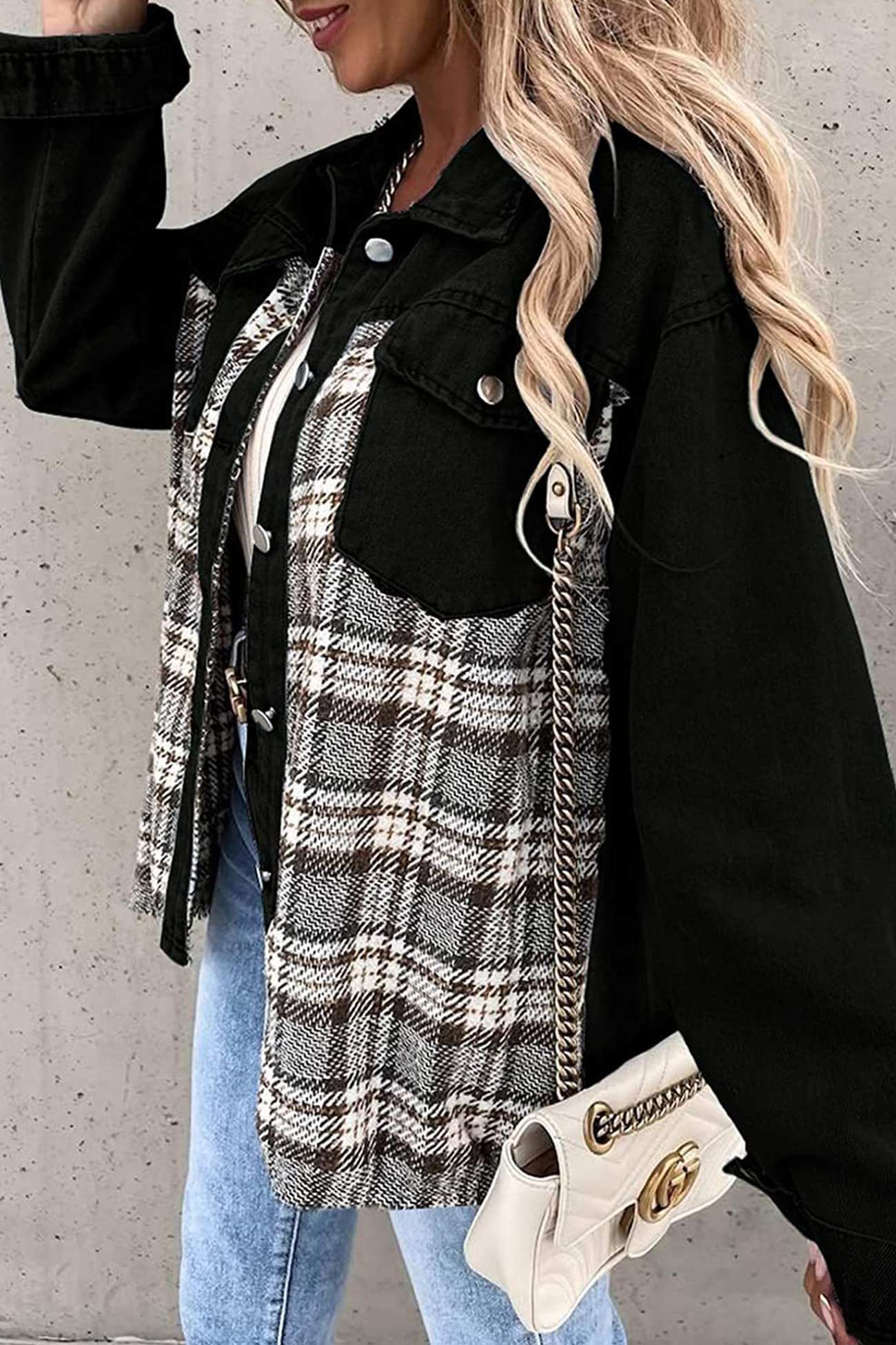 Ilona | Checked patchwork denim jacket - Image 5