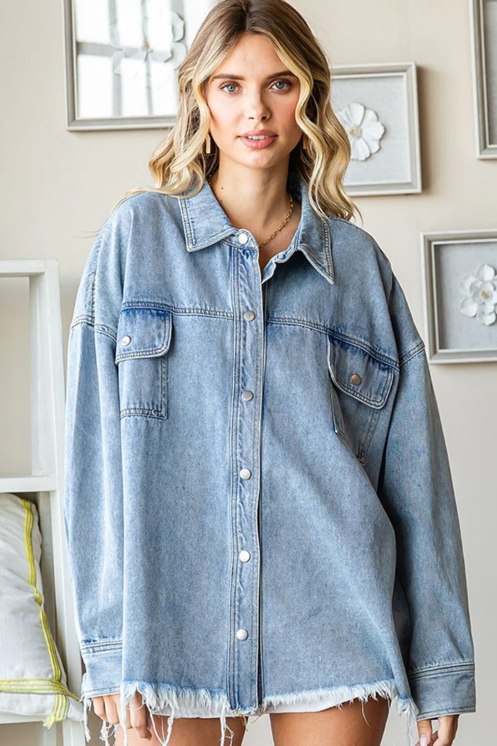 Ilona | First Love Smile Face denim jacket with raw hem and button placket - Image 5