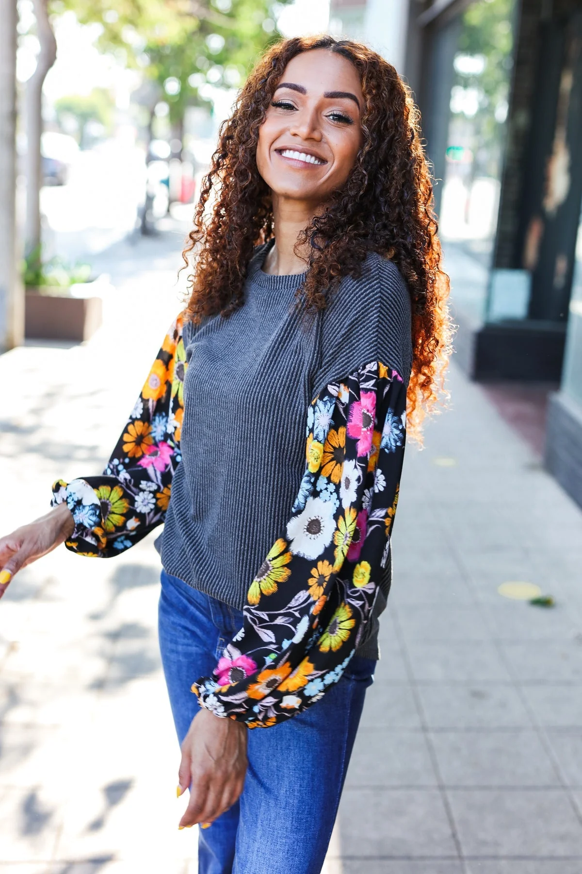 Inga | Diva Dreams Black Floral Ribbed Top with Bubble Sleeves in Mineral Wash - Image 15