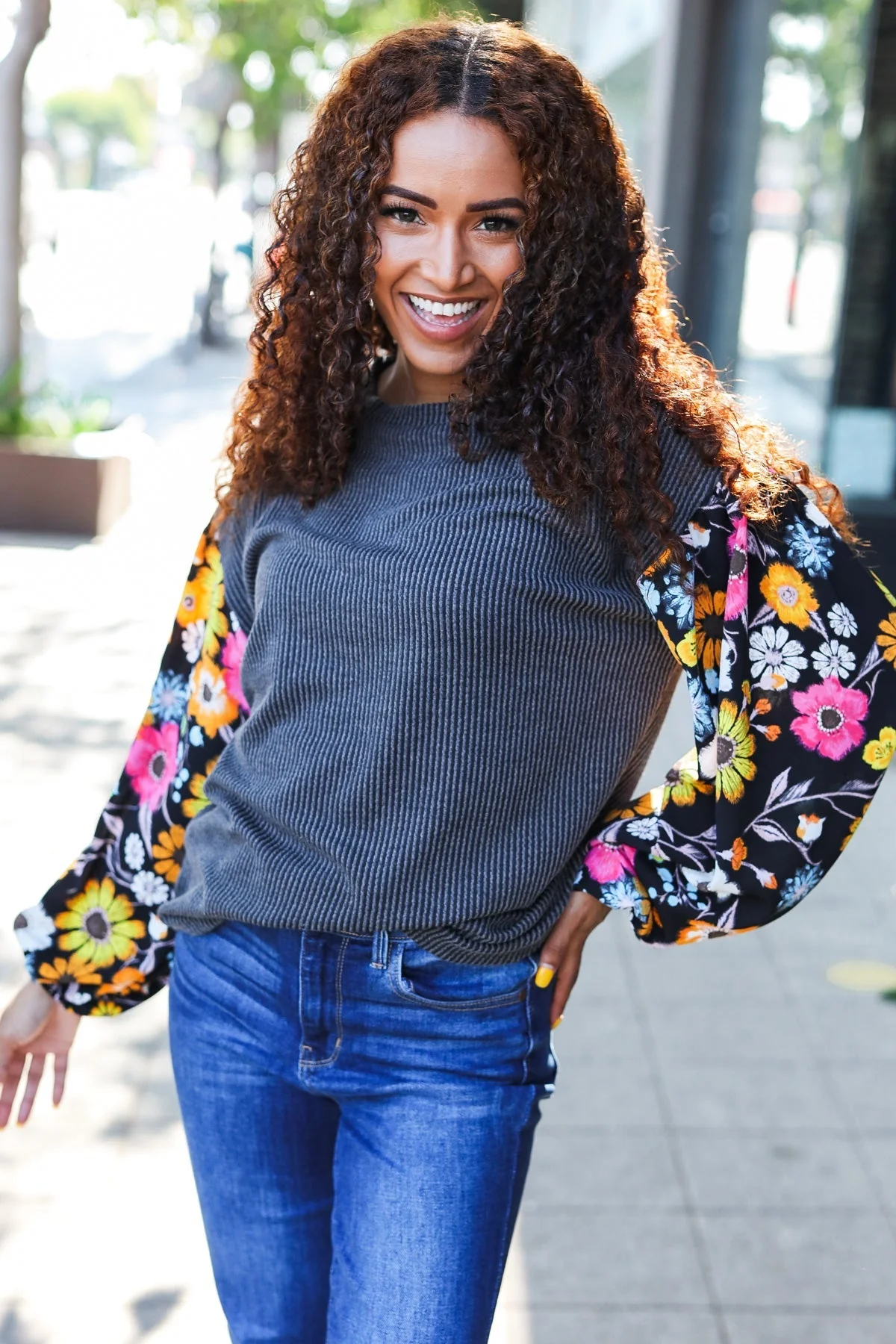 Inga | Diva Dreams Black Floral Ribbed Top with Bubble Sleeves in Mineral Wash - Image 2