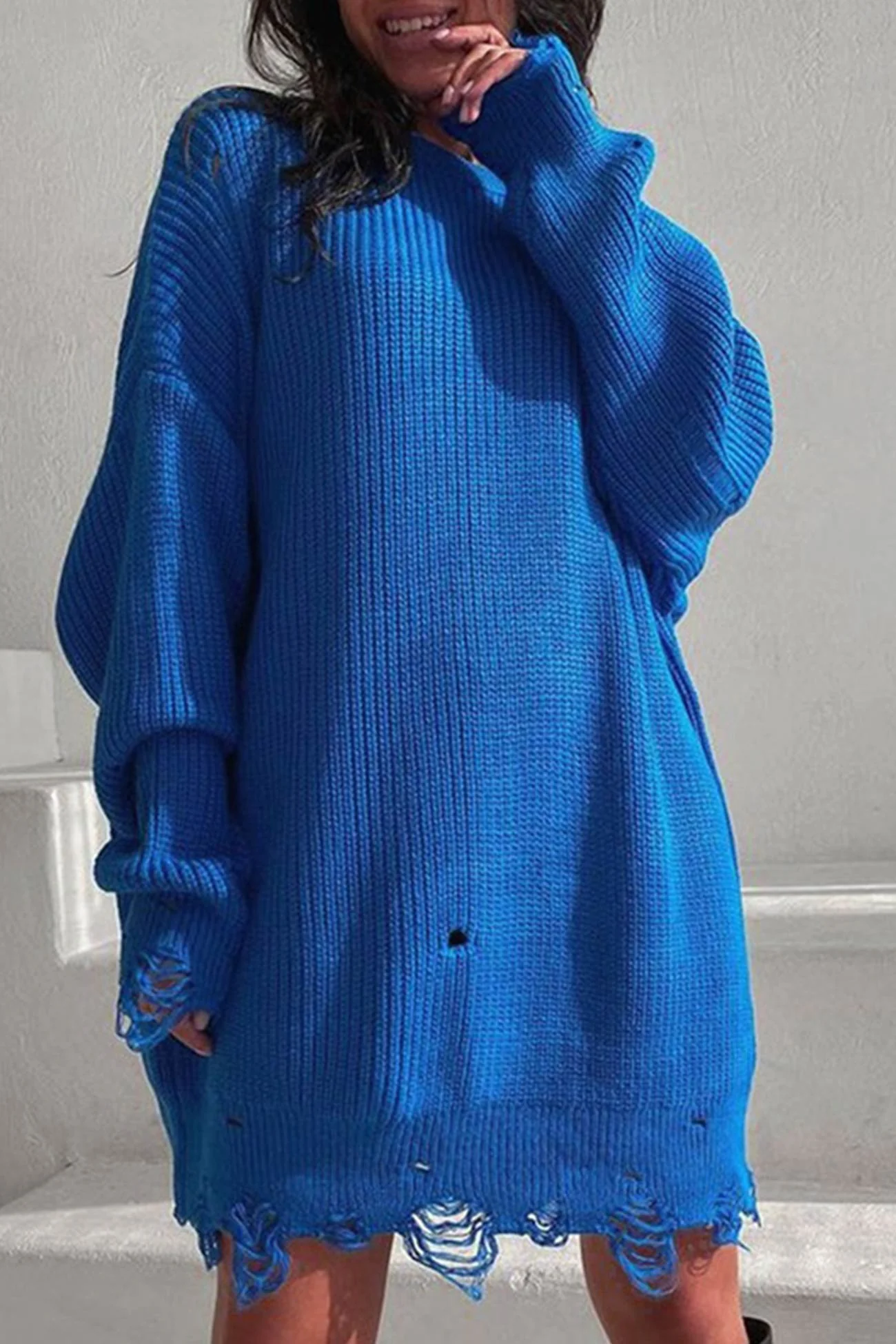 Ingrid | Solid color distressed crew neck sweater - Image 10