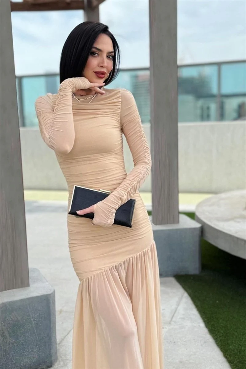 Irene® | Long-Sleeved Pleated Mesh Maxi Dress - Image 4