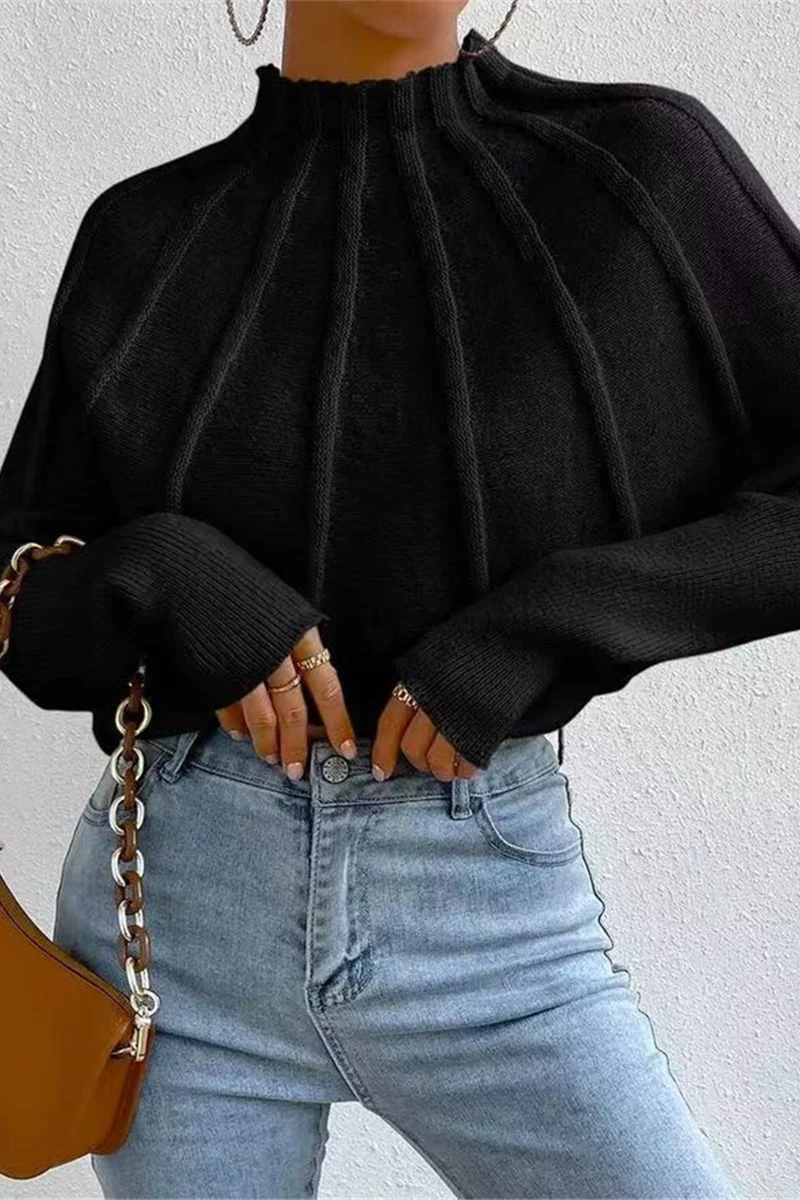Isa | Casual daily patchwork weave half turtleneck sweater - Image 2