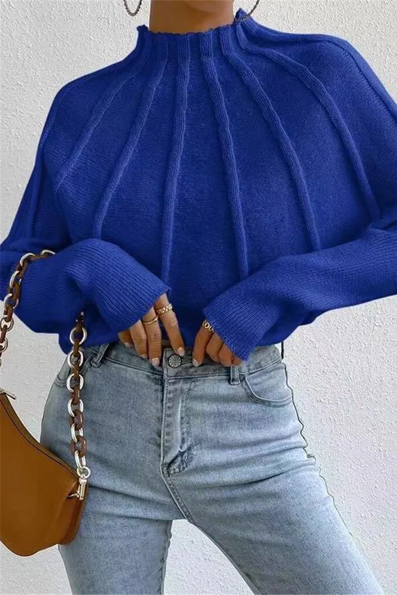 Isa | Casual daily patchwork weave half turtleneck sweater - Image 3