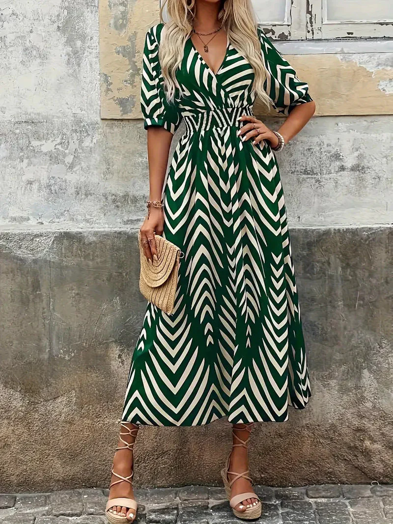 Isabella® | Elegant V-Neck Dress With Geometric Print - Image 4