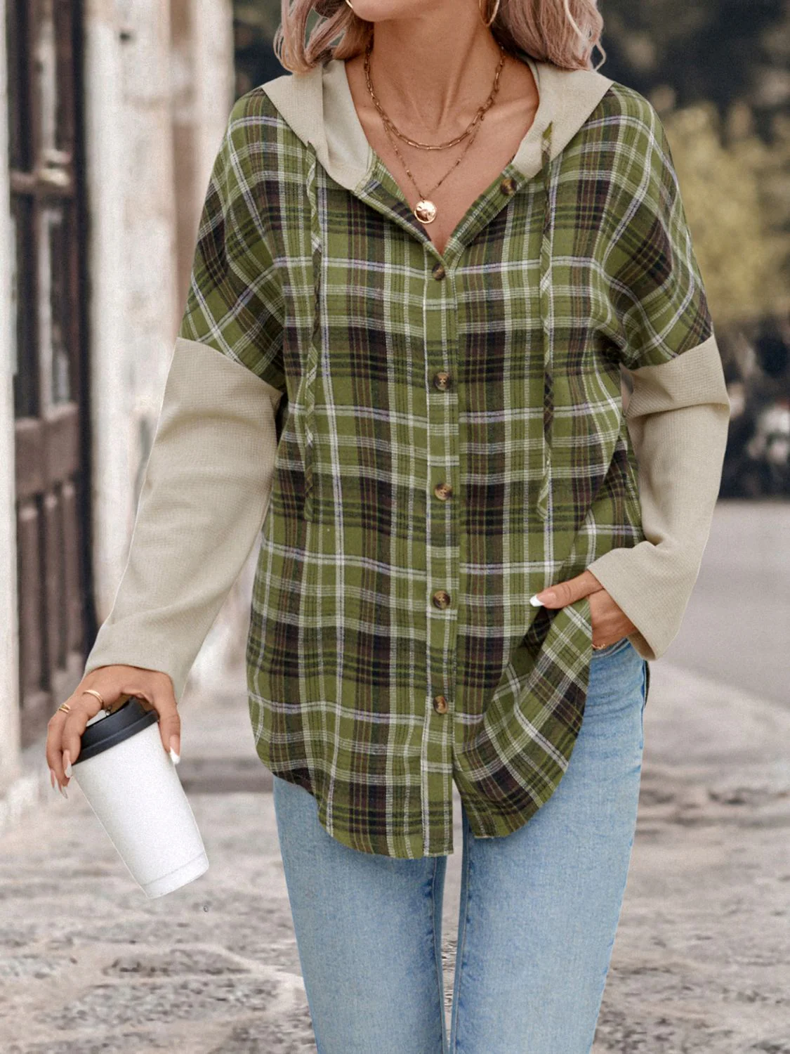 Isadora | Perfee drawstring check long sleeve hooded shirt - Image 4