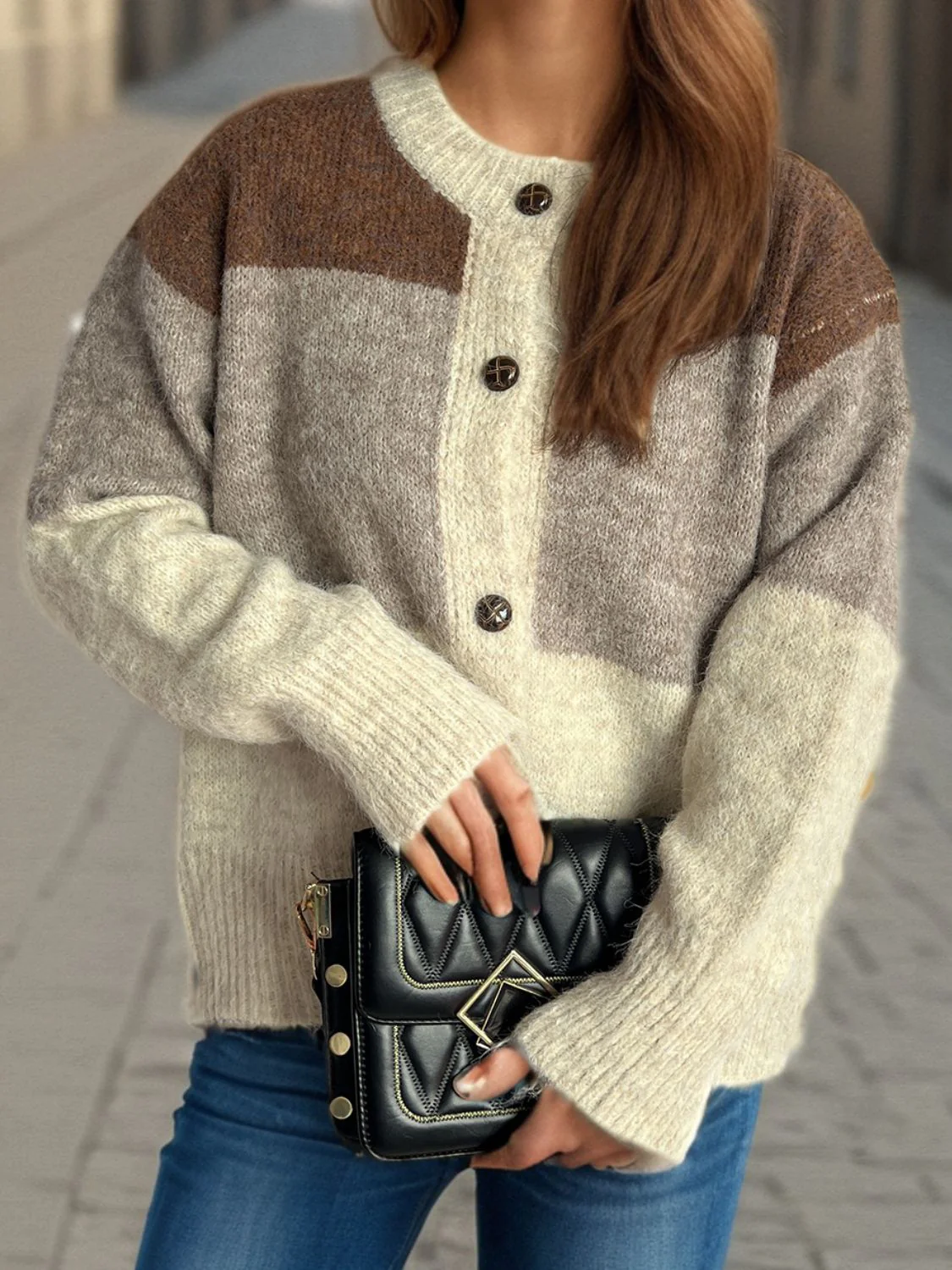 Jacqueline | Color block crew neck cardigan with buttons - Image 15