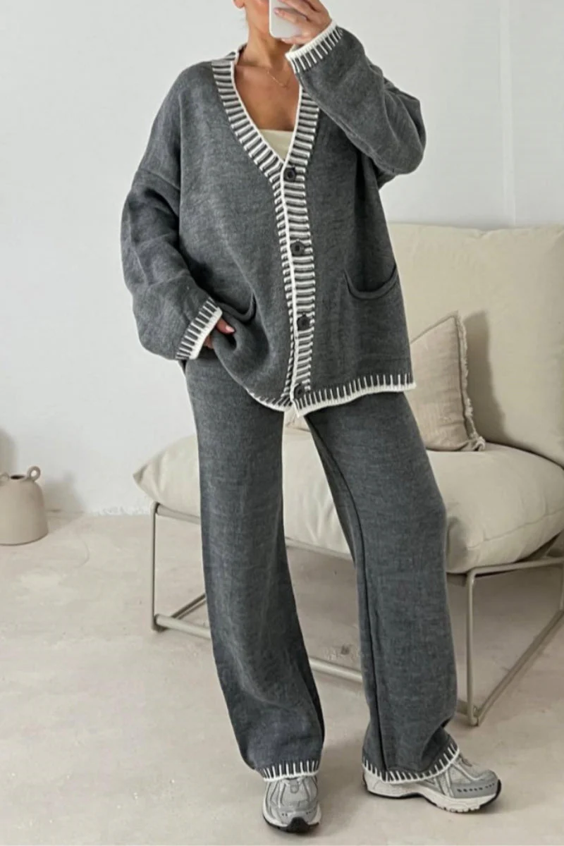Jade | Casual Patchwork Button Up V Neck Long Sleeve Two Piece Set - Image 2