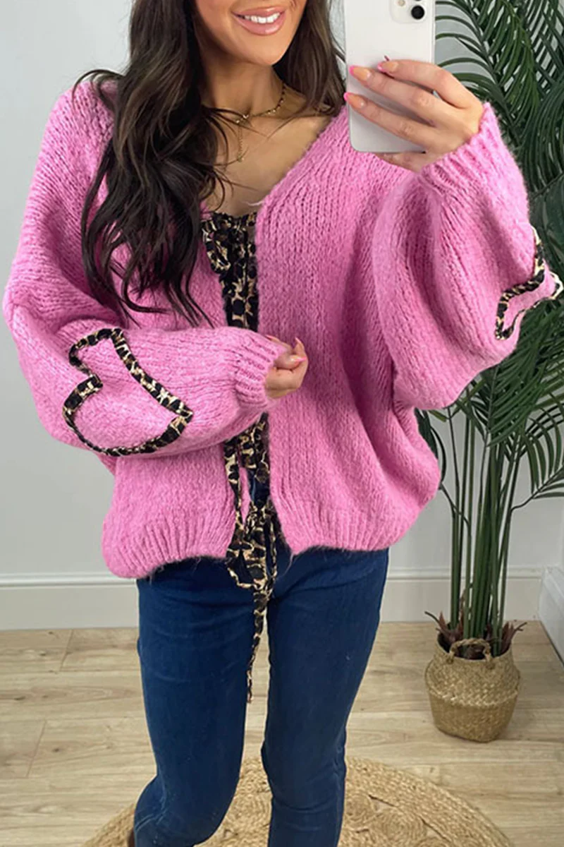 Janine | Casual leopard print patchwork weave outerwear with V-neck - Image 4