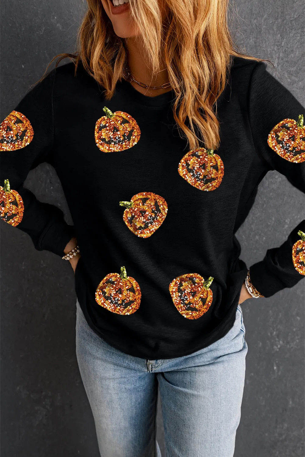 Janine | Sequin pumpkin long sleeve crew neck top - Image 2