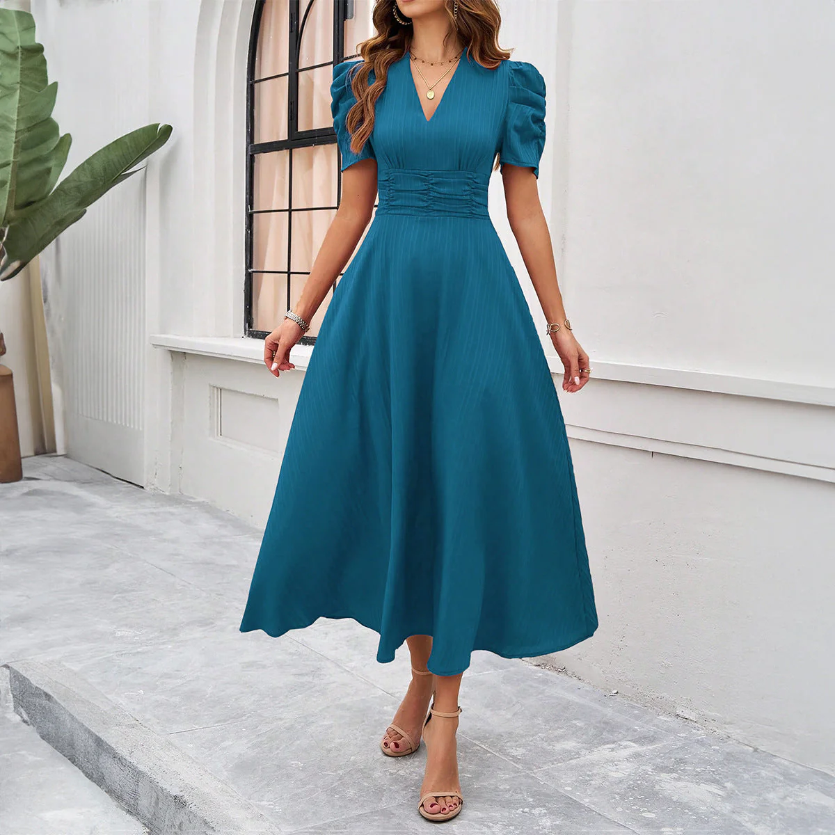 Jennifer® | Elegant Dress With Puff Sleeves, V-Neckline And Gathered Waist - Image 3