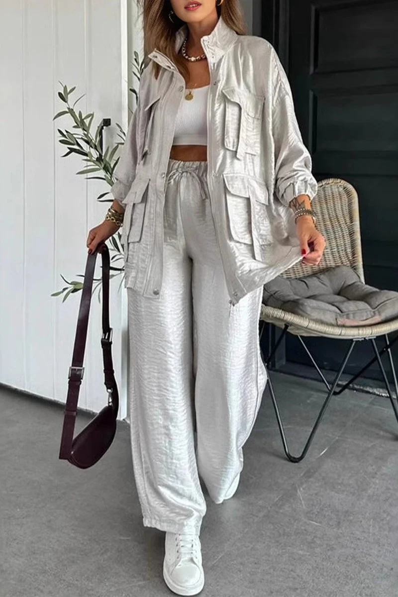 Jessa | Casual, long-sleeved two-piece suit with a gathered stand-up collar and pockets - Image 7