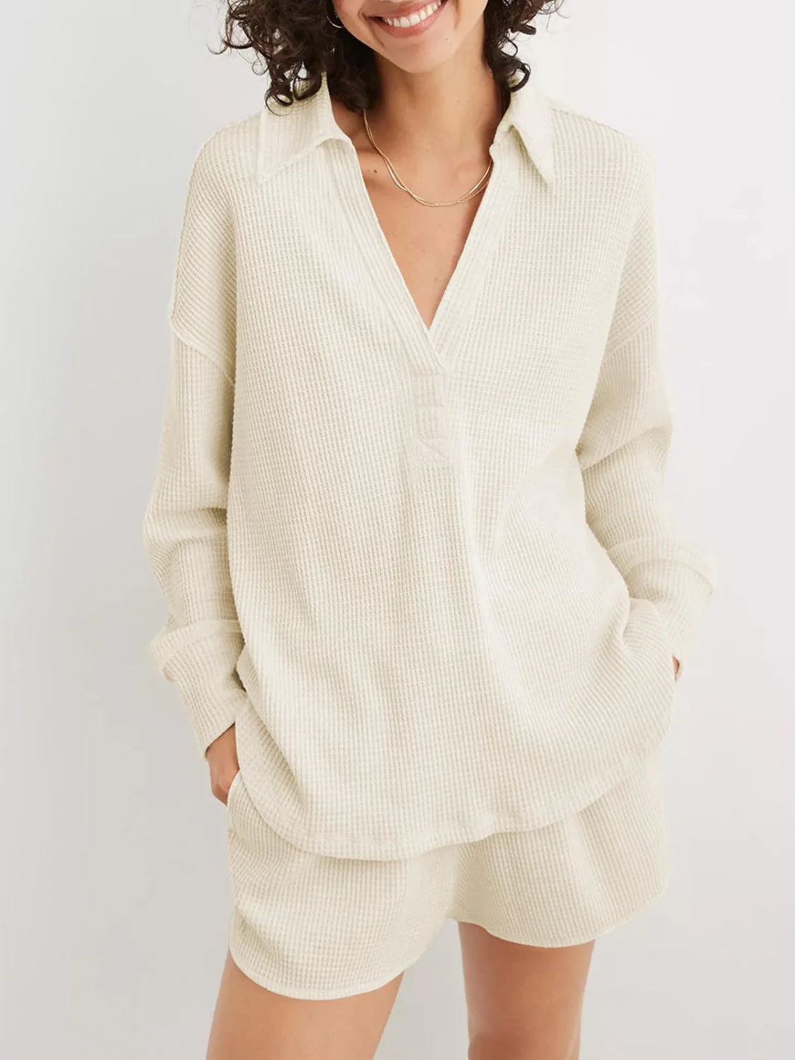Johanna | Long sleeve waffle knit johnny collar sweatshirt - Image 13