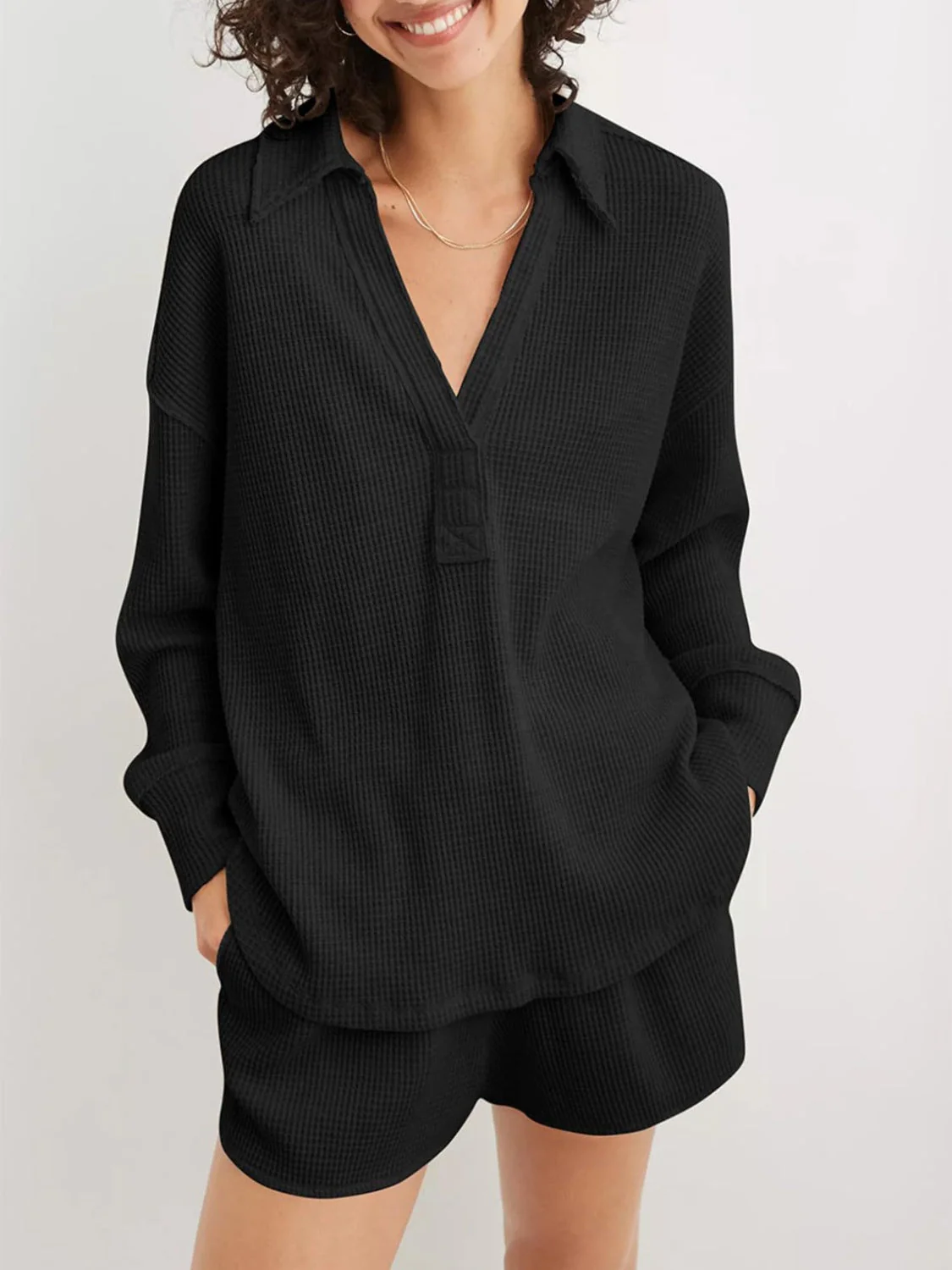 Johanna | Long sleeve waffle knit johnny collar sweatshirt - Image 17